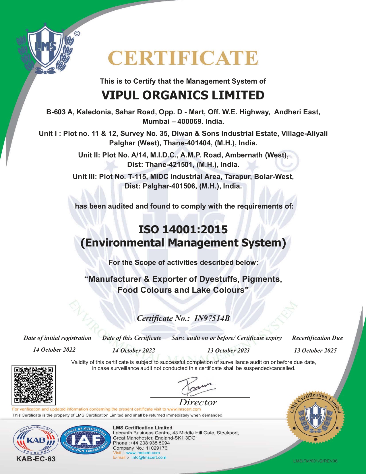 Environmental
               Management
                System Certificate