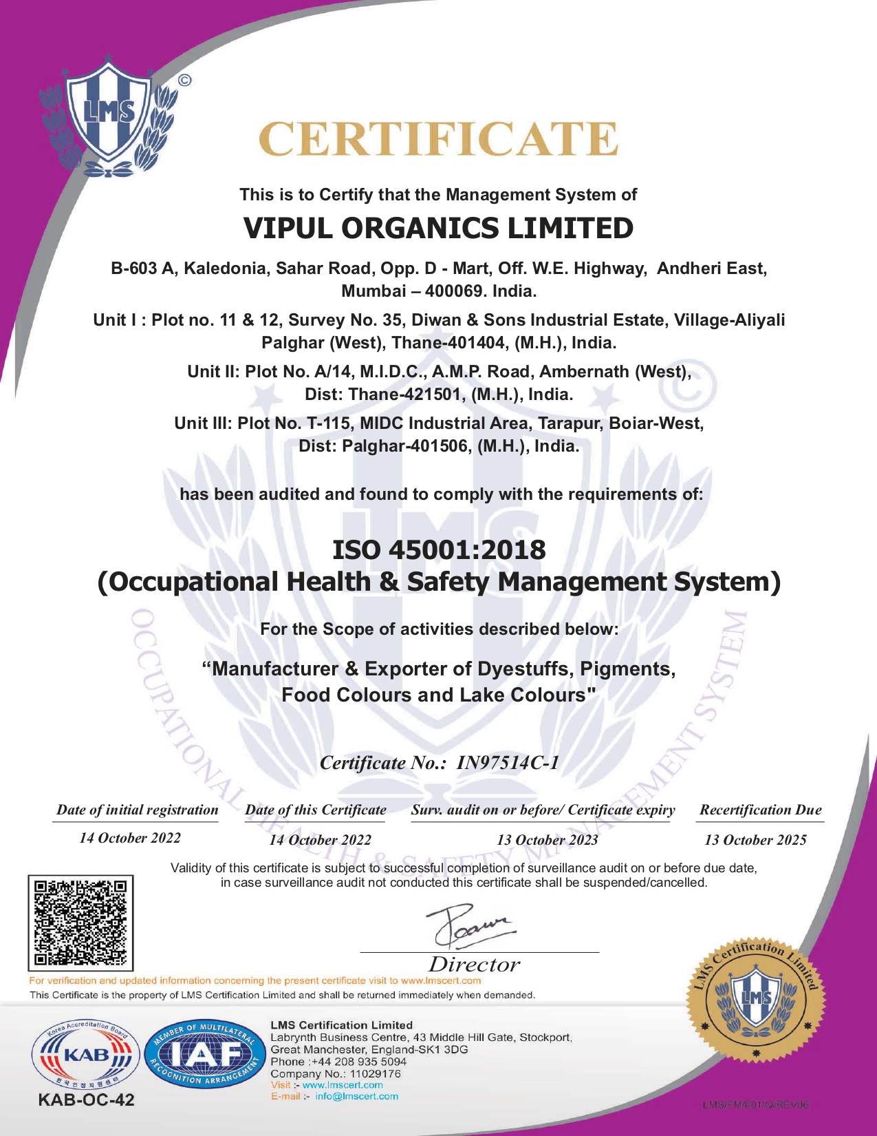 Occupational Health & Safety Management System Certificate